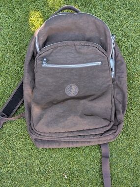 Kipling Dark Brown Nylon Backpack with Front Zip Pocket